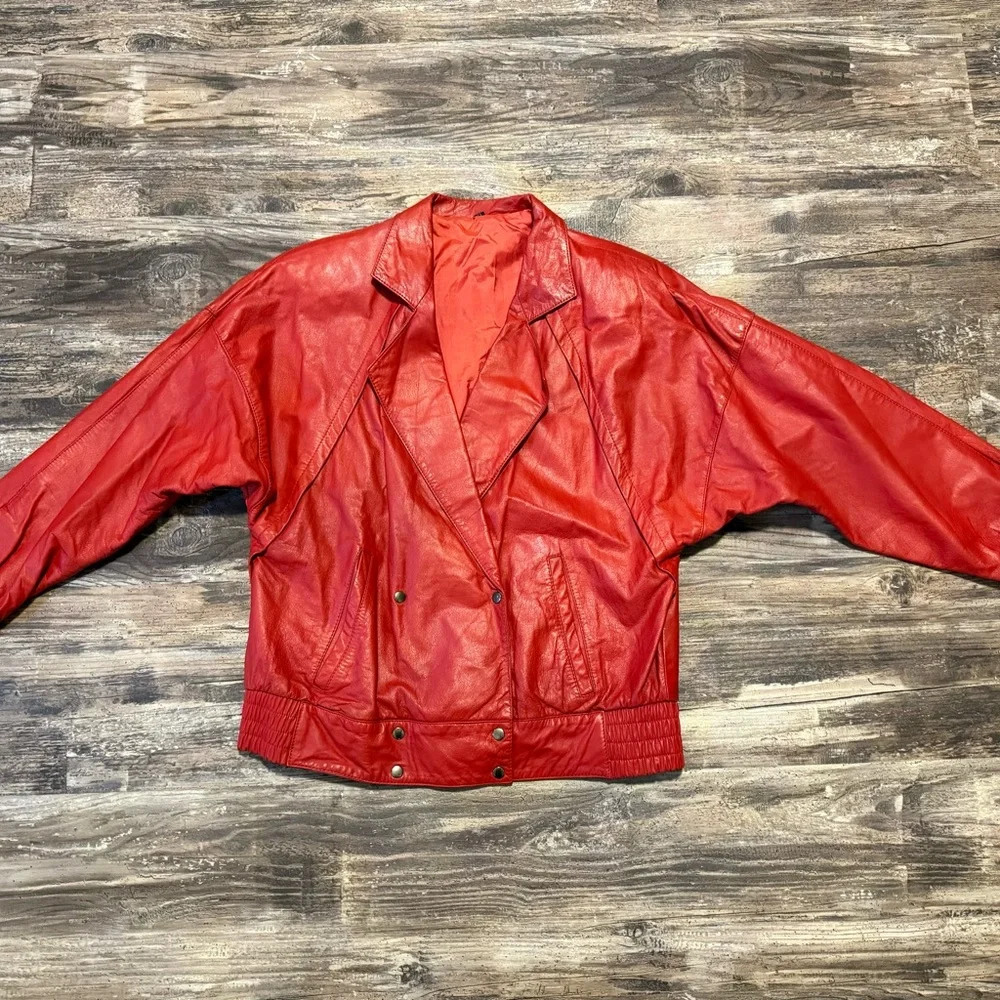Vintage Echtes Leder Red Leather Bomber jacket - Picture 7 of 8